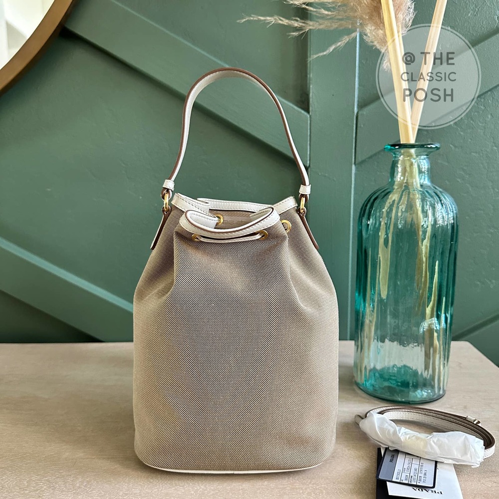 NEW Prada Jacquard Logo Bucket White Trim Canvas Tote  Crossbody Bag - Picture 5 of 11